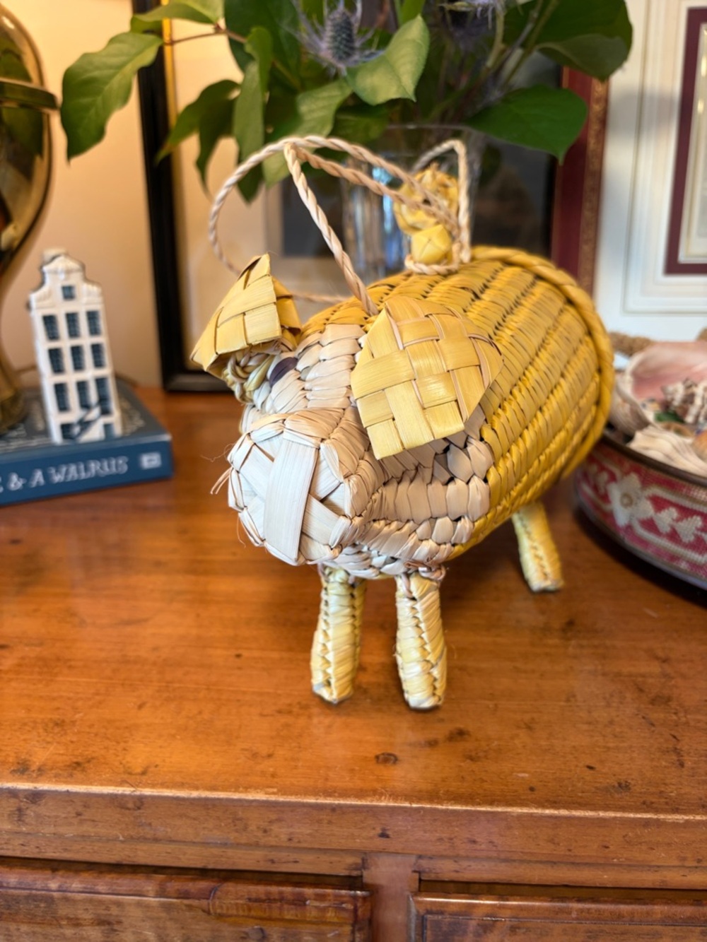 Handwoven Yellow Wicker Pig purse